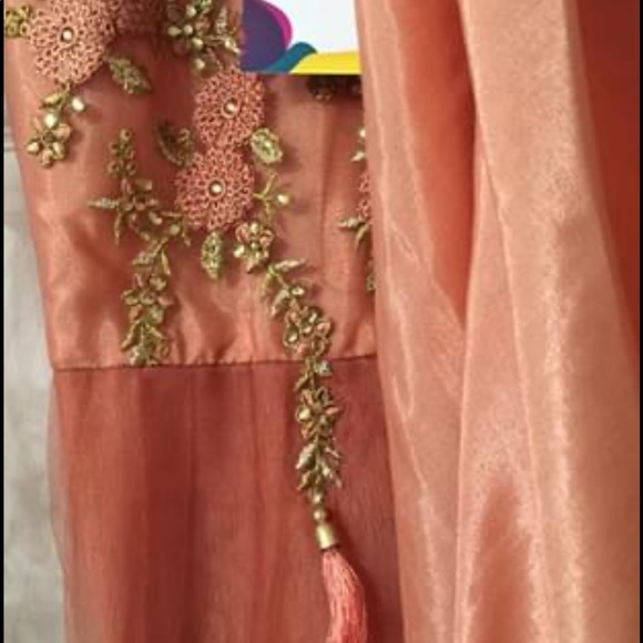 Embroidered Net Abaya Style Suit in Dark Peach - Picture 3 of 8